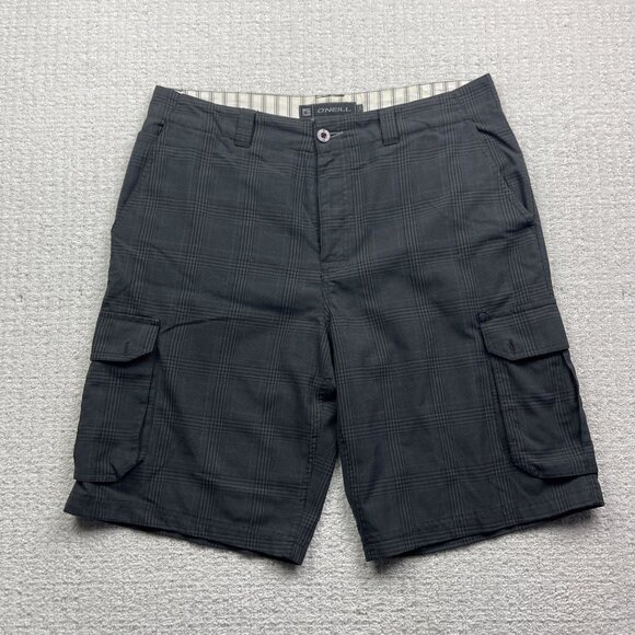 Oneill Board Shorts Mens 34 Grey / Blue Plaid Relaxed Skater Cargo Beach - Picture 1 of 12